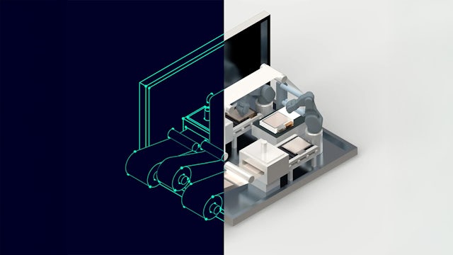 Green outline rendering of a battery cell assembly on a dark blue blackground beside a full digital rendering of the assembly