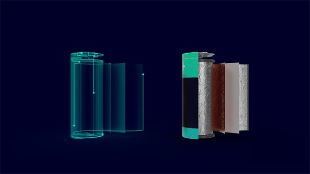 Side-by-side rendering of a battery in green outline next to an exploded view, all on a dark blue background