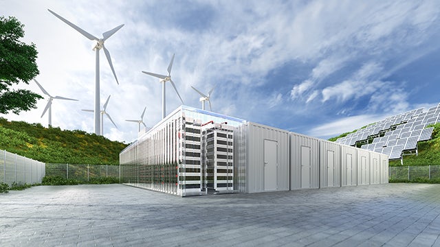A visual representation of a battery storage system for renewable energy transition with a focus on lithium-ion technology.