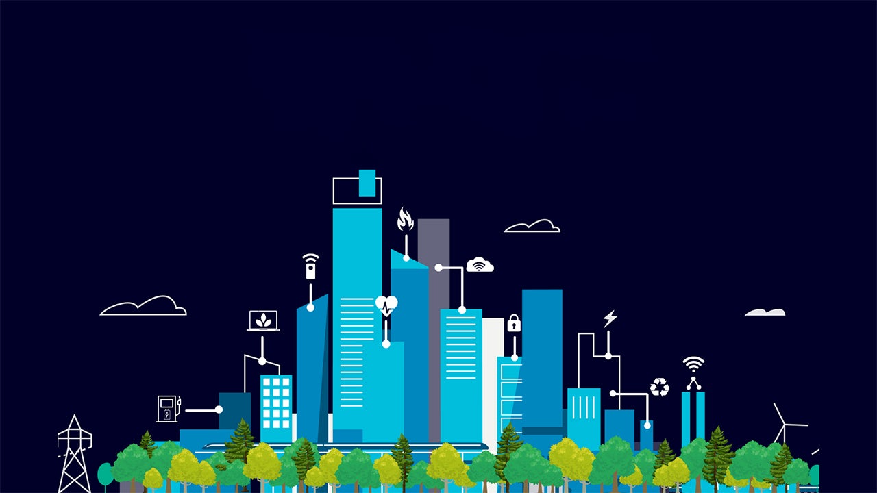 A futuristic cityscape with tall buildings and a modern architectural design.