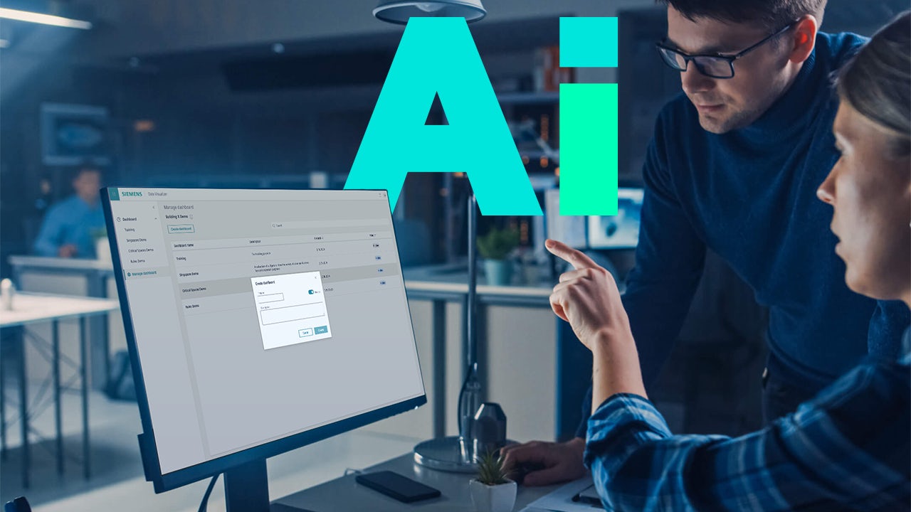 Two coworkers using the Building X products, which is powered by AI algorithms, on a desktop screen.