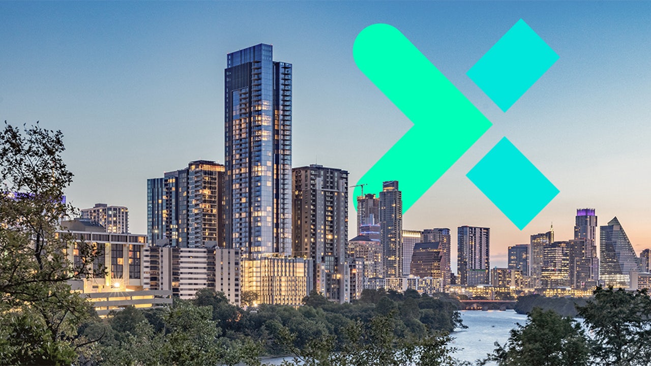 Twilight city view of Austin, Texas with the Siemens Xcelerator X in the skyline.