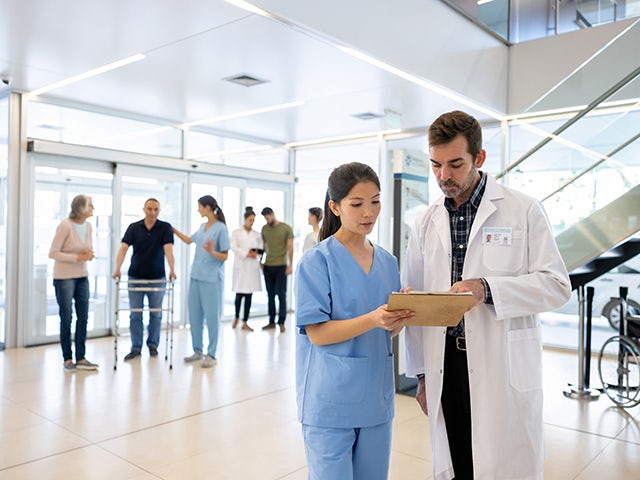 Nurse showing a medical chart to a doctor in the hospital lobby area.