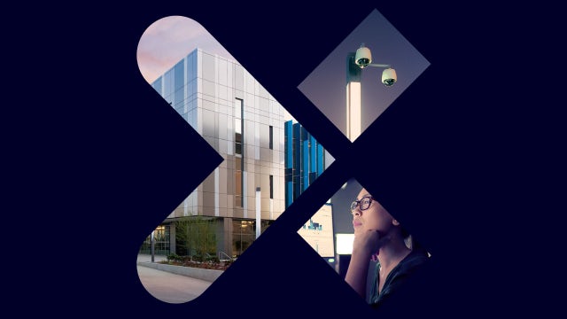 An image of the Siemens Xcelerator X. An image of a building is superimposed within the X.