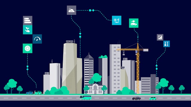 An illustration showing a city landscape with different technology icons that make up each smart building.