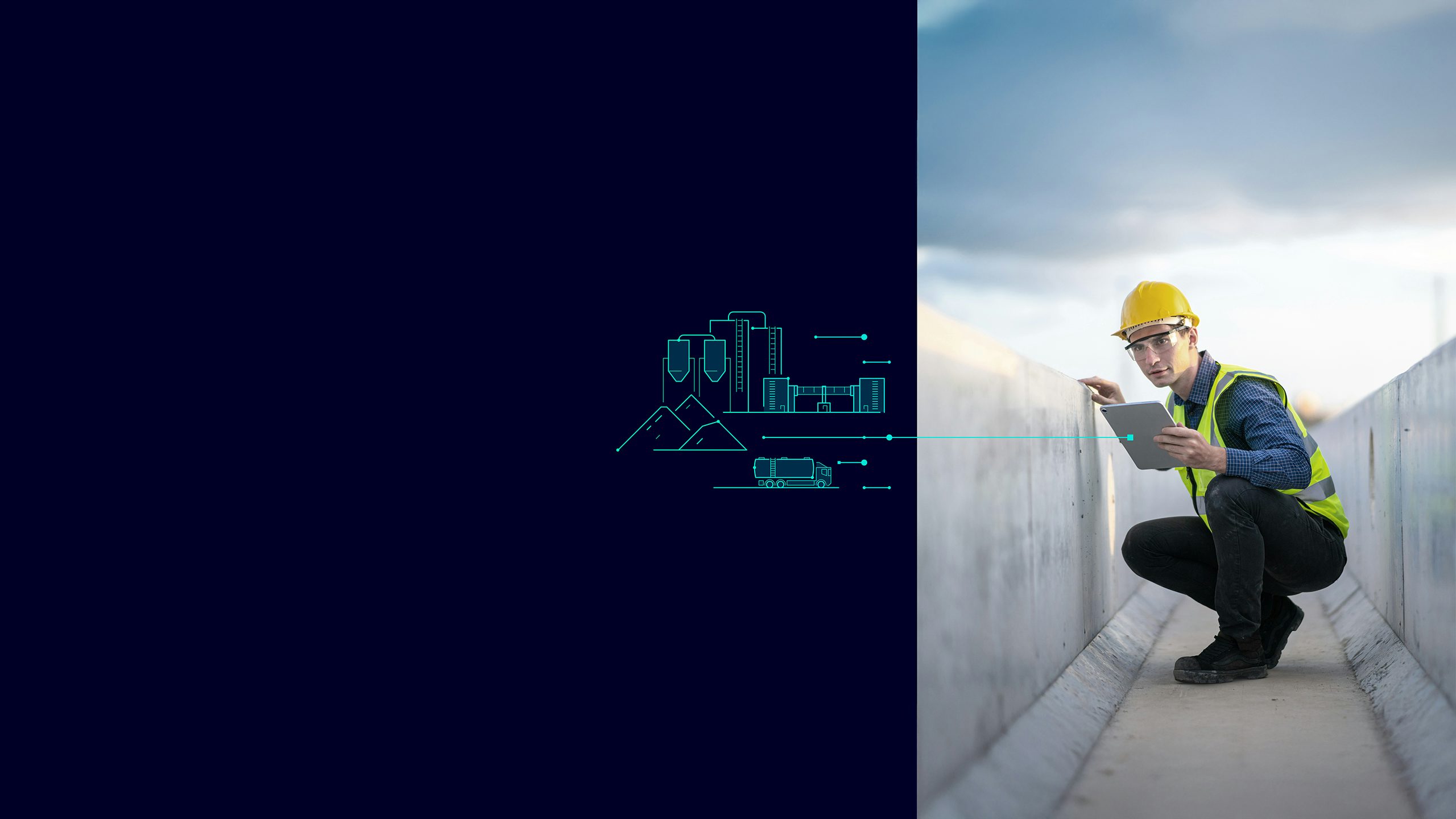 Cement production plant graphic overlay and a person in a hard hat and vest assessing cement features of a structure.