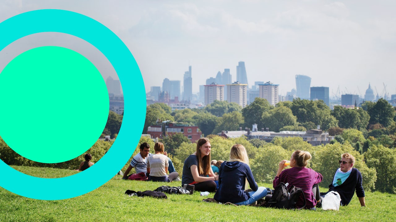 A visual representation of a tech for sustainability key visual with a green background and a circular design.