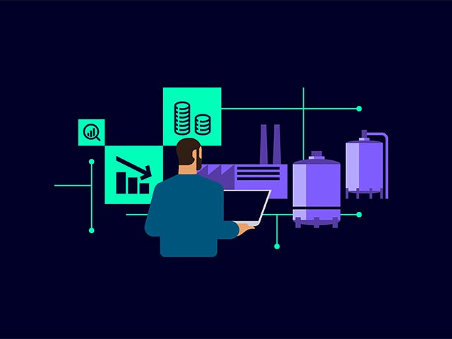 Laboratory scientist in protective gear examining a beaker with blue liquid