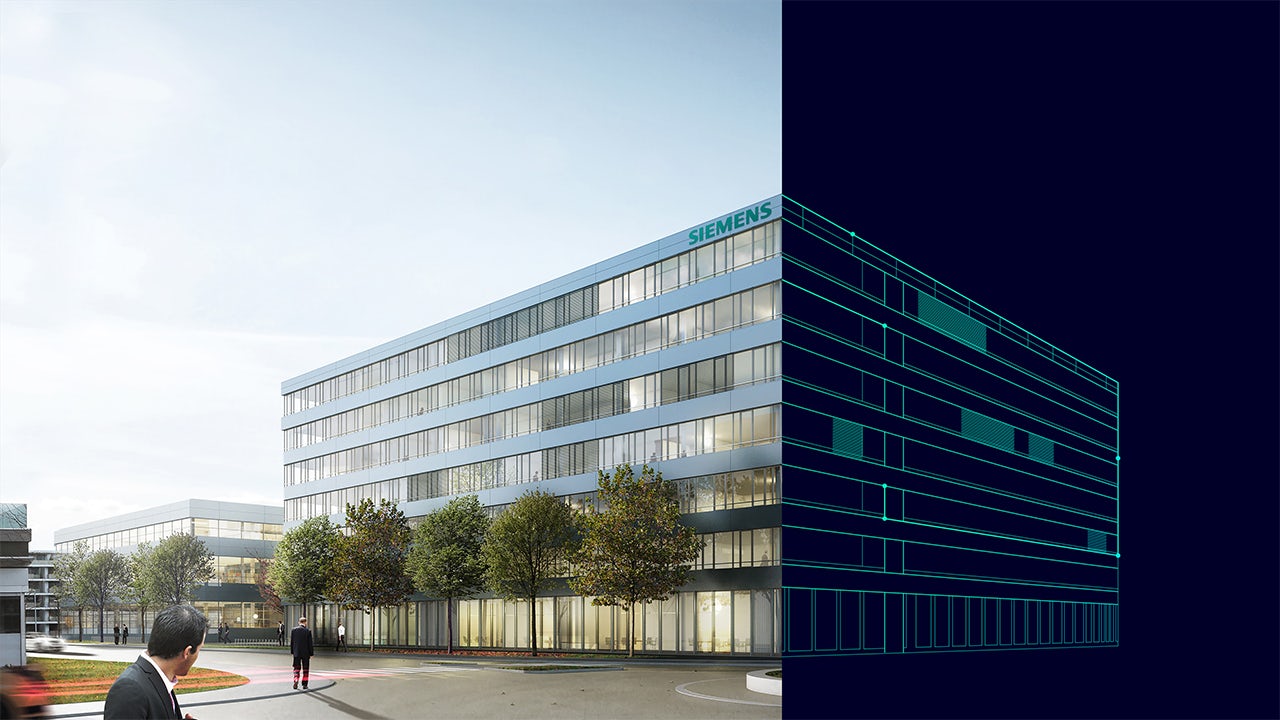 A digital twin of a commercial building is displayed on a screen, with a 3D model of the building and a virtual environment.