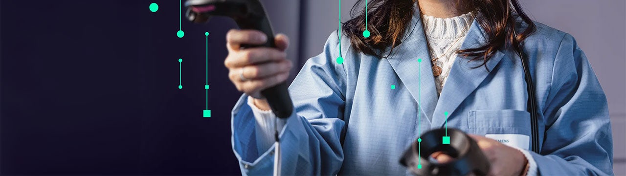 Person in lab coat using Ai and VR tools.