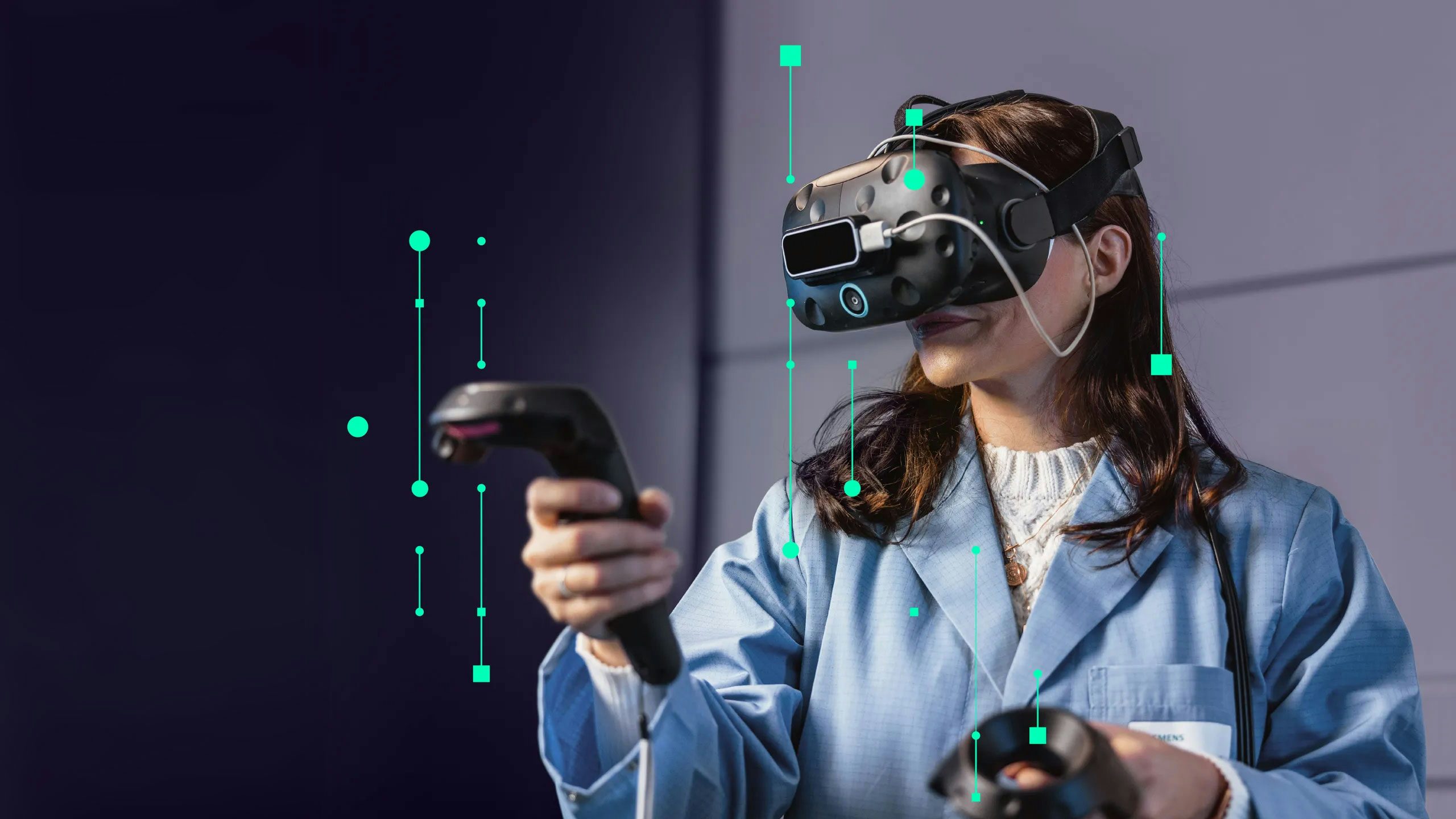 Person in lab coat using Ai and VR tools.