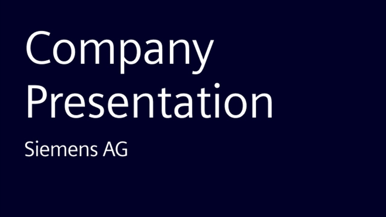 A company presentation slide with a blue background and a logo in the center.