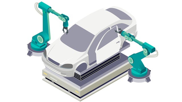 graphic representation of two robot arms building an automobile.