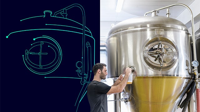 Man pouring beer from brewery machinery along with illustrated visualization.