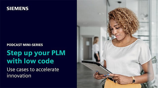 Woman looking at tablet along with podcast details.