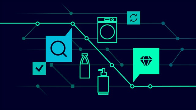 Boxes of consumer goods on conveyor belts with digital overlay showing product tracking and lifecycle information.