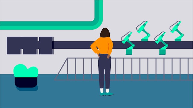 An illustration of a woman standing in front of an industrial factory line with robotic machines.
