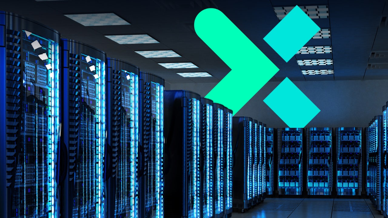 A digital image of a data center with a person in the foreground, possibly discussing the digital journey of the center.