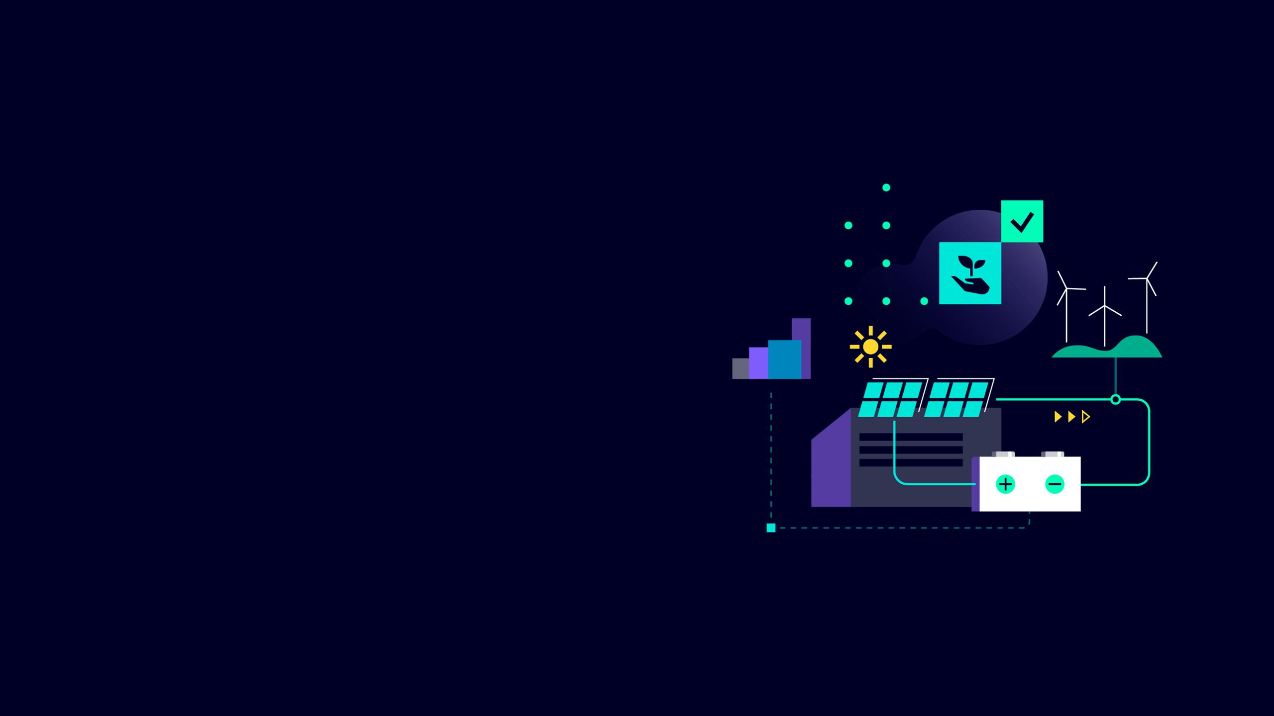 A data center with solar panels and wind turbines generating renewable energy.