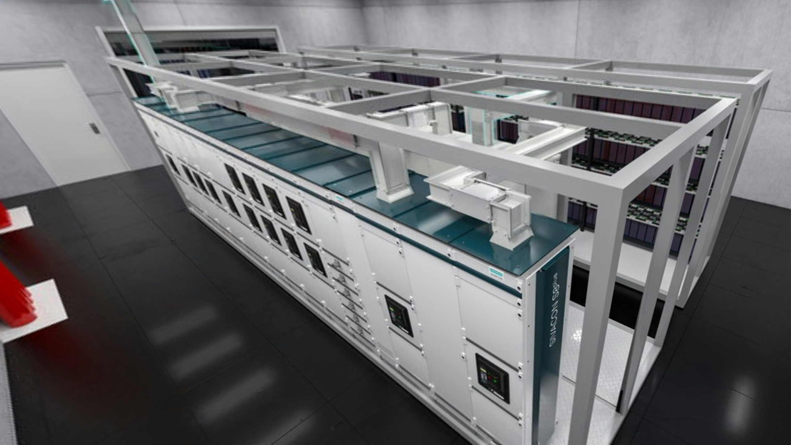 The image shows a data center with custom power distribution modules.