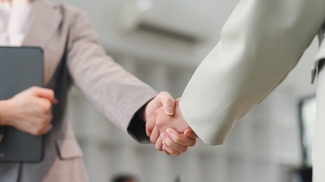 Two people shaking hands.