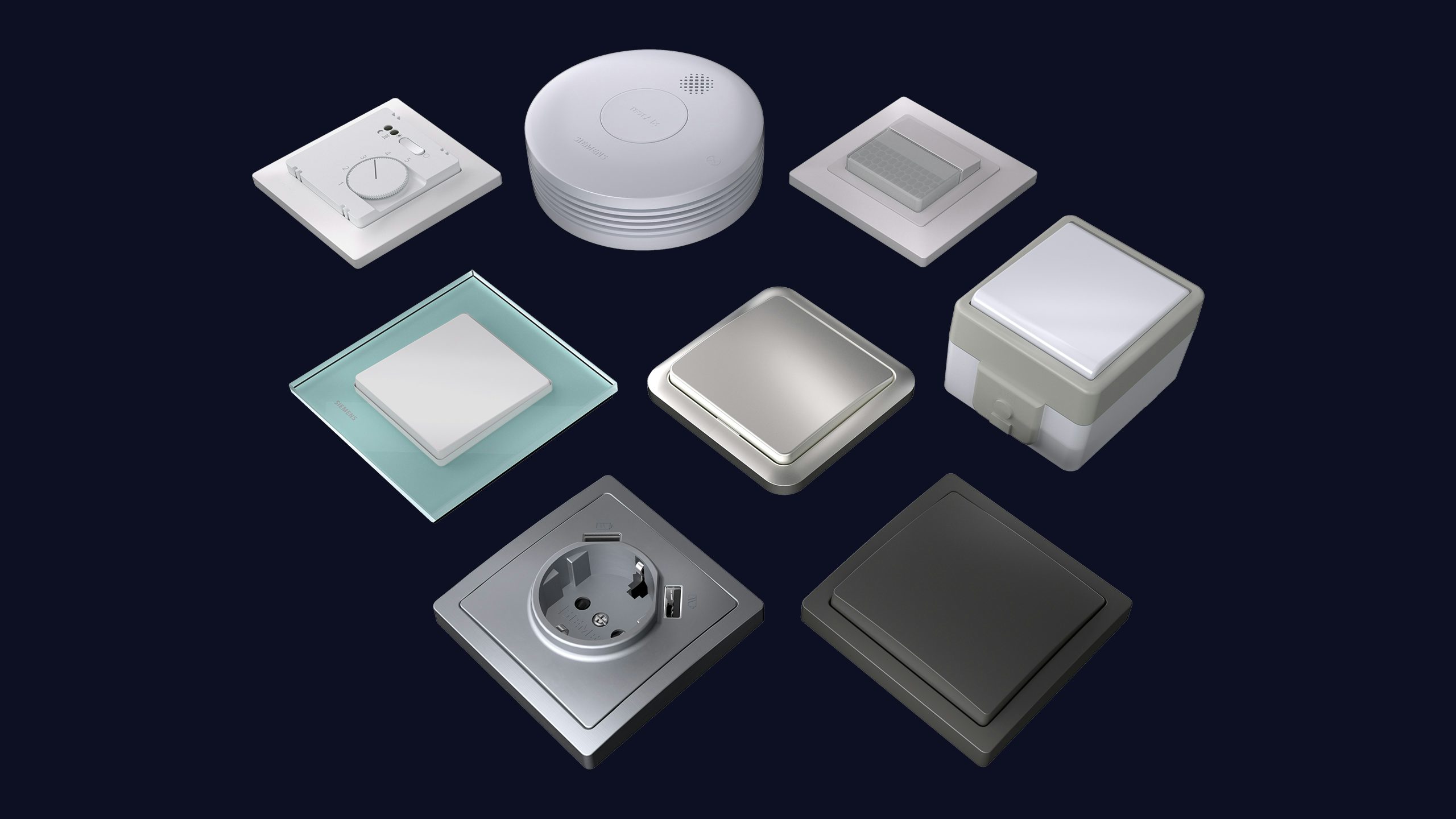 A close-up of various electrical switches and sockets on a white background.