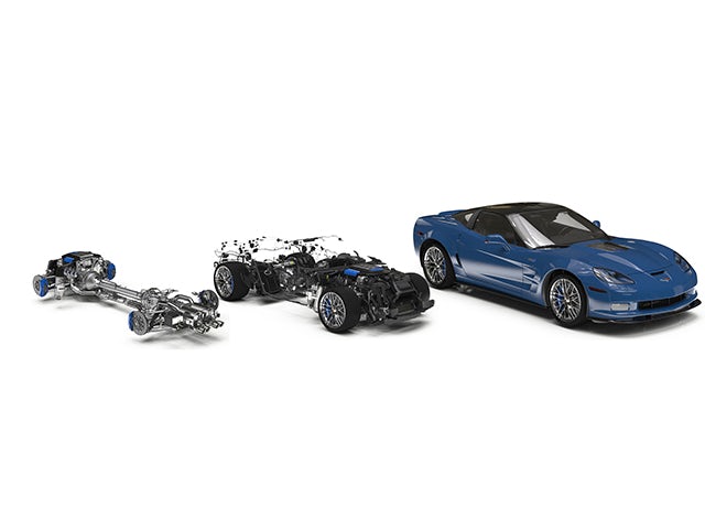 Renderings of subassemblies of a corvette CAD design and the full assembly.