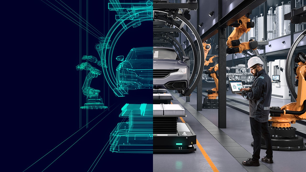 The image shows a digital illustration of a modern office environment with a focus on technology and industry.