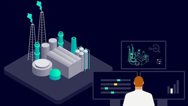 A digital illustration of a process twin with a person in the center, surrounded by various icons and data points.
