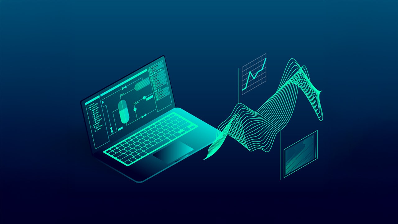 A digital process twin technology interface with various icons and a central display.