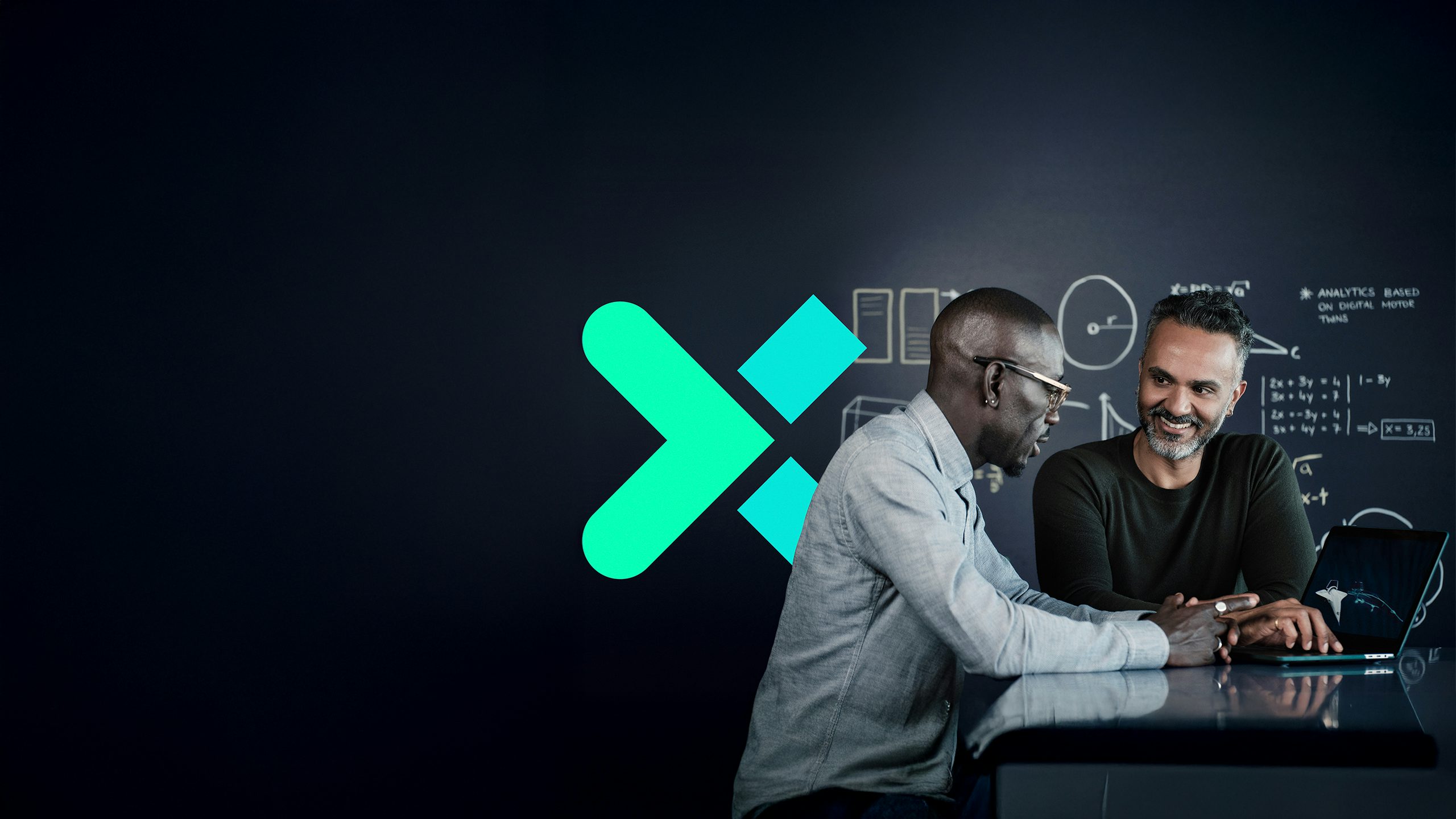 Digital transformation header with a modern cityscape, abstract shapes, and gradient background.