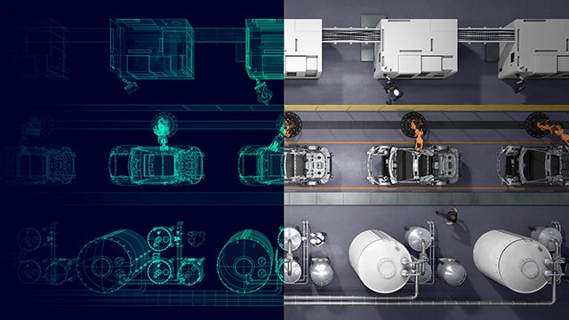 A digital twin representation of a factory floor versus the real world.