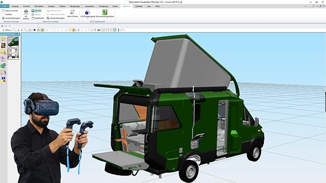 VR user interacts with virtual camper van design, showcasing Hymer and Siemens Xcelerator software for digital prototyping.