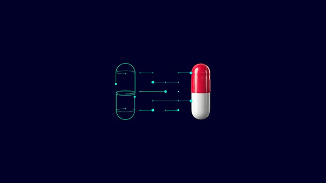 Capsule with digital connections, symbolizing pharmaceutical innovation and digital transformation in drug development.