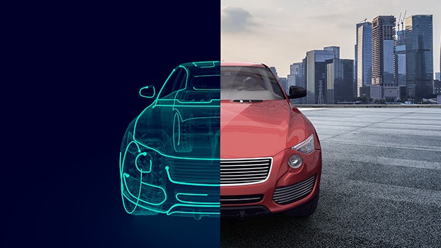 A car divided by a digital twin representation and the real-life vehicle.