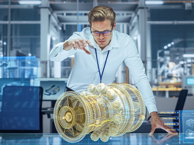 AI and the digital twin are transforming engineering, as this illustration of an engineer and a digital twin engine show.