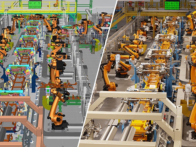 Digital twin of an industrial assembly line; left side shows virtual simulation, right side depicts real-world line.  