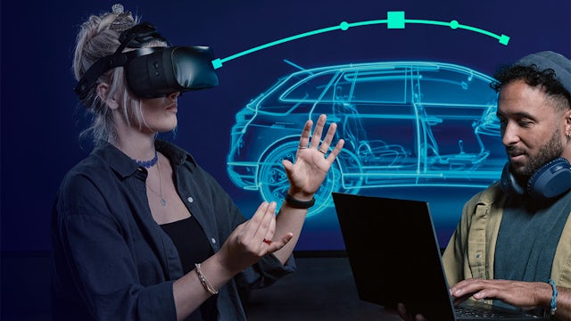 Person wearing VR headset interacting with holographic display of city buildings and data visualizations