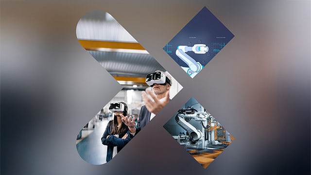 Siemens Xcelerator X image with two people wearing VR headsets and two different robotic arms against a blurred background.