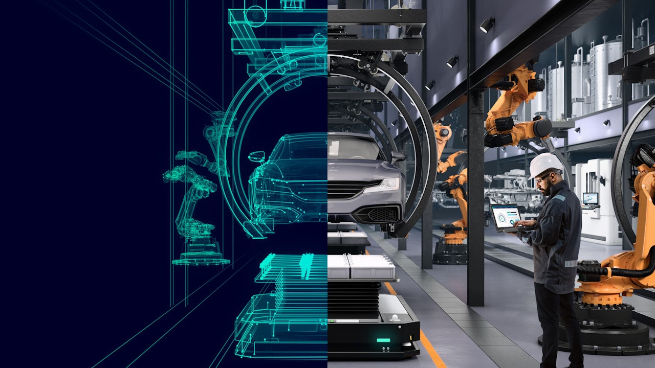 A digital twin visualization showing interconnected systems and data flow between physical and digital environments.
