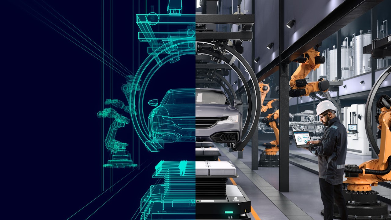 A digital twin visualization showing interconnected systems and data flow in a technological environment.