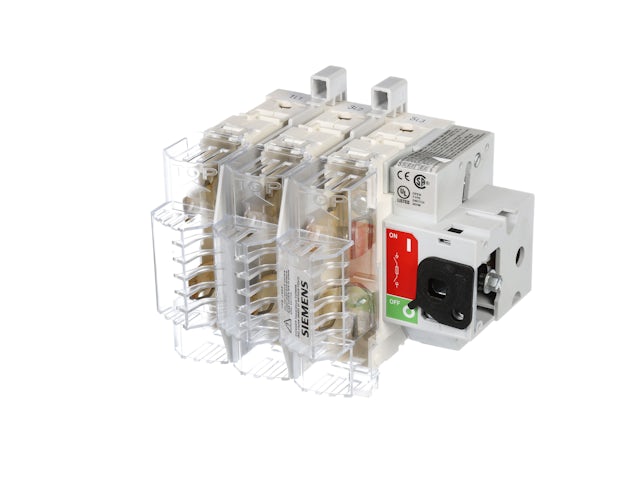 A Siemens disconnect switch with a handle and a label indicating it is a disconnect switch. 