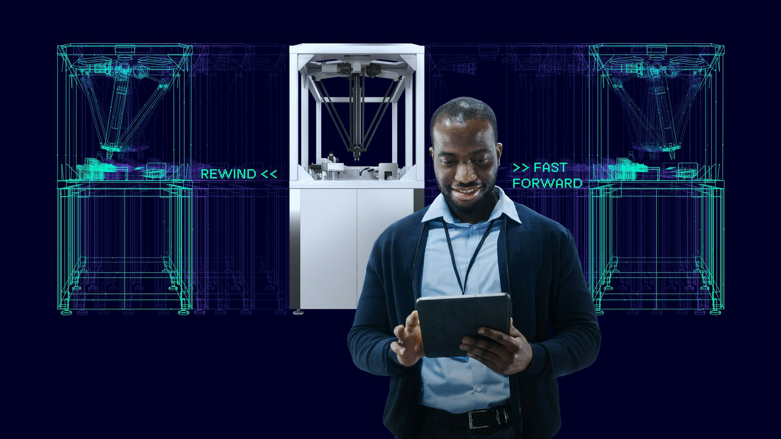 A visual representation of time travel with a person in a futuristic suit standing in front of a large clock. 