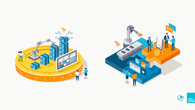 An illustration showing robots manufacturing different products and vendors giving presentations about machines.