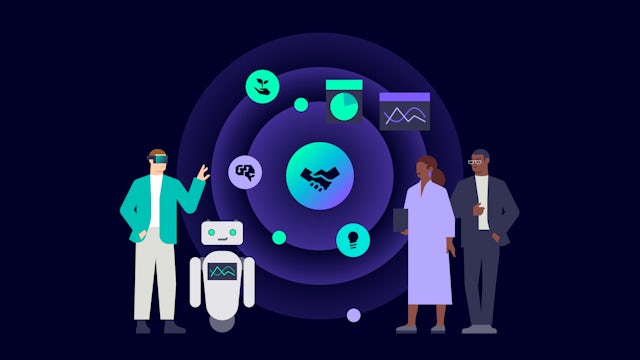 Illustration of technology and collaboration: A man in VR glasses, a robot, a woman, and a man stand near concentric circles with icons representing partnership, growth, AI, data, and innovation.