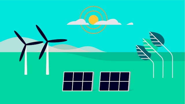 Animated illustration of renewable energy sources including wind turbines, solar panels, and electric vehicles.