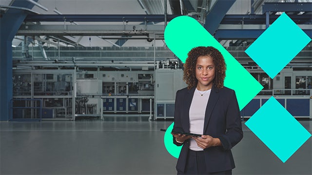 Woman standing with tablet device in front of Xcelerator logo.