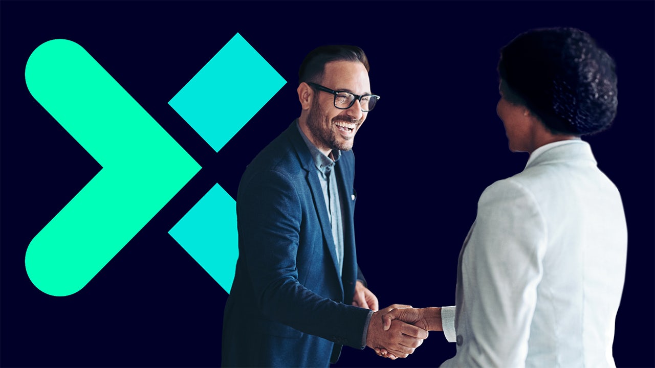 Two people shaking hands in front of Siemens Xcelerator logo.