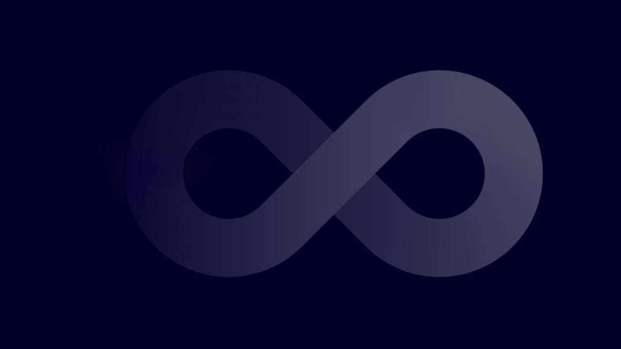 Futuristic cityscape with tall skyscrapers, flying vehicles, and a large holographic display in the sky.