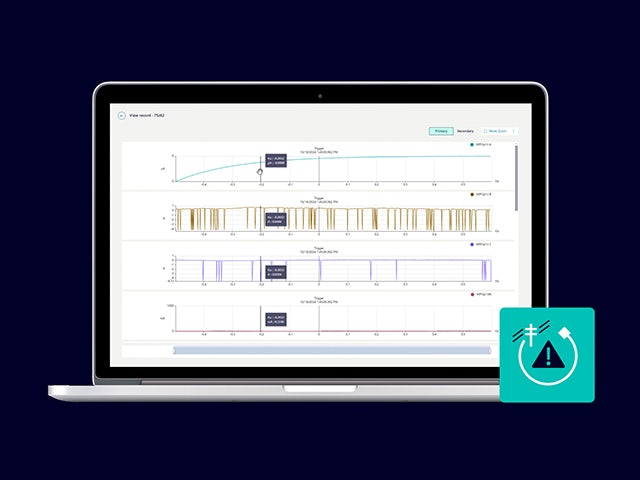 Electrical power grid diagram with transmission lines, transformers, and buildings against a blue background